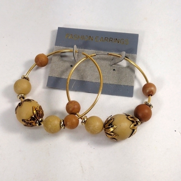 Boho Beaded Hoop Earrings – Natural Wood Look Beads, Gold-Tone Wire – Jewelry #4 - Picture 3 of 6